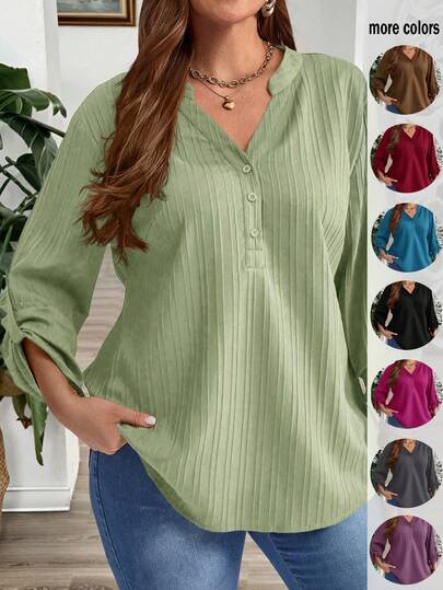 EMERY ROSE Plus Size Solid Color Notched Neck Roll Up Sleeve Casual Blouse ,Winter Clothes Christmas Thanksgiving Shirt New Year Look Stylish Women's Blouses  Stylish Clothing Collection