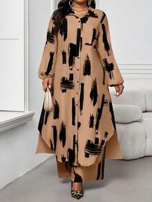 SHEIN Lady CURVE 春夏秋冬休闲优雅工作黑色梭织衬衫领主教袖口袋长袖大码西装春夏优雅通勤办公室大码西装女士夏装度假服装女士度假两件套西装，2件套夏季服装 - 卡其色 - 查看 7