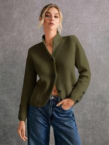 Poéselle 女士休闲纯色简约长款开衫 - 軍綠色 - 查看 4