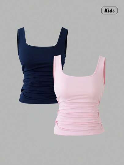 Sweetra 2 Stücke/Set, Minimalistische Lässig Basics für Teenagermädchen, Sommer einfarbig quadratischer Ausschnitt geraffte Passform Crop Camisole Tops, Schwarz & Weiß klassische vielseitige Farben