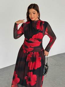 SHEIN Privé Plus Size Black And Red Autumn Elegant Party Cocktail Dress,Floral Mesh Elastic Print,Stand Collar,Shoulder Waist Ruching,Long Sleeve Flared Hem - Multicolor - View 5