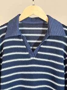 SHEIN 女童条纹 Polo 衫上衣，时尚穿搭，适合春秋季节 - 藍色 - 查看 3