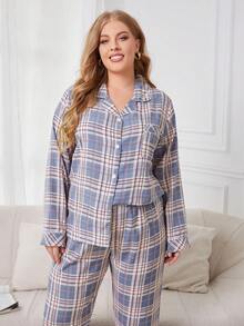 Lazeform Plus Size Women Plaid Lapel Neck Long Sleeve Single-Breasted Top And Pants Pajama Set, Cozy Outfits, Fall Winter Clothes - Multicolor - View 4