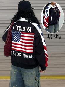 Rovax Áo khoác có khóa kéo in hình cờ Hoa Kỳ thời trang dành cho nữ, phù hợp cho mùa tựu trường, ngày Độc lập - Nhiều màu - Xem 1