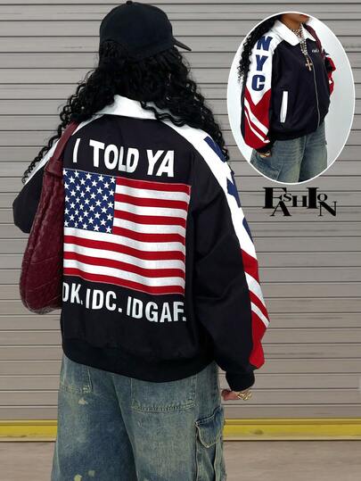 Rovax Women's Fashionable USA Flag Print Zip-Up Jacket, Suitable For Back To School Season, Independence Day, Christmas