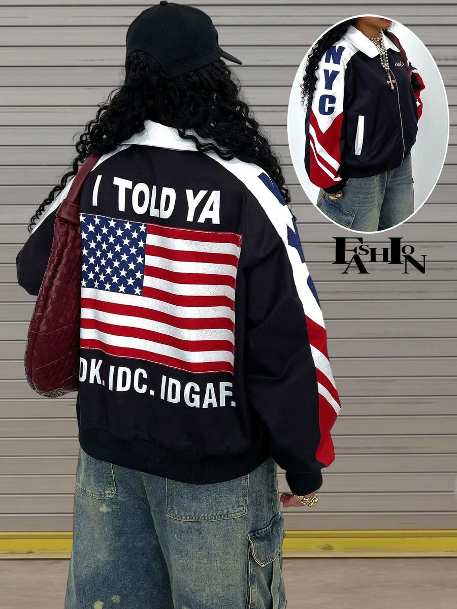 Rovax Áo khoác có khóa kéo in hình cờ Hoa Kỳ thời trang dành cho nữ, phù hợp cho mùa tựu trường, ngày Độc lập - Nhiều màu - Xem 1