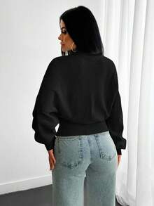 EURMUSE Structured Knit Sweater With Voluminous Sleeves Fitted Waist Curved Ribbed - Black - View 2