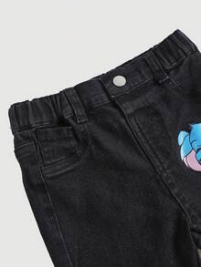 SHEIN Young Girl Y2k Cartoon Rabbit Print Black Stretch Flare Leg Jeans, Cute Print Jeans,Fall,Winter,Casual And Fashionable Vacation,Children's Party,Street Wear,2000s Style, Christmas - Black - View 5