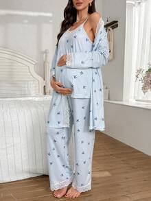Moonlight&Mama 3pcs Striped Bow Print Contrast Lace Maternity Pajama Set, Winter