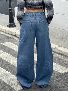 Jeanoix Quần jeans ống rộng cạp thấp, giặt thường ngày Y2K - Rửa trung bình - Xem 2