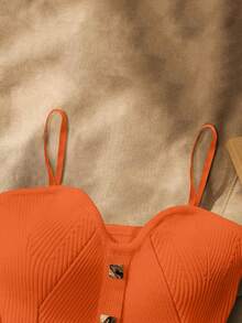 Women's Summer Fashion Button Decor Spaghetti Strap Ribbed Orange Knit Cami Top - Orange - View 3