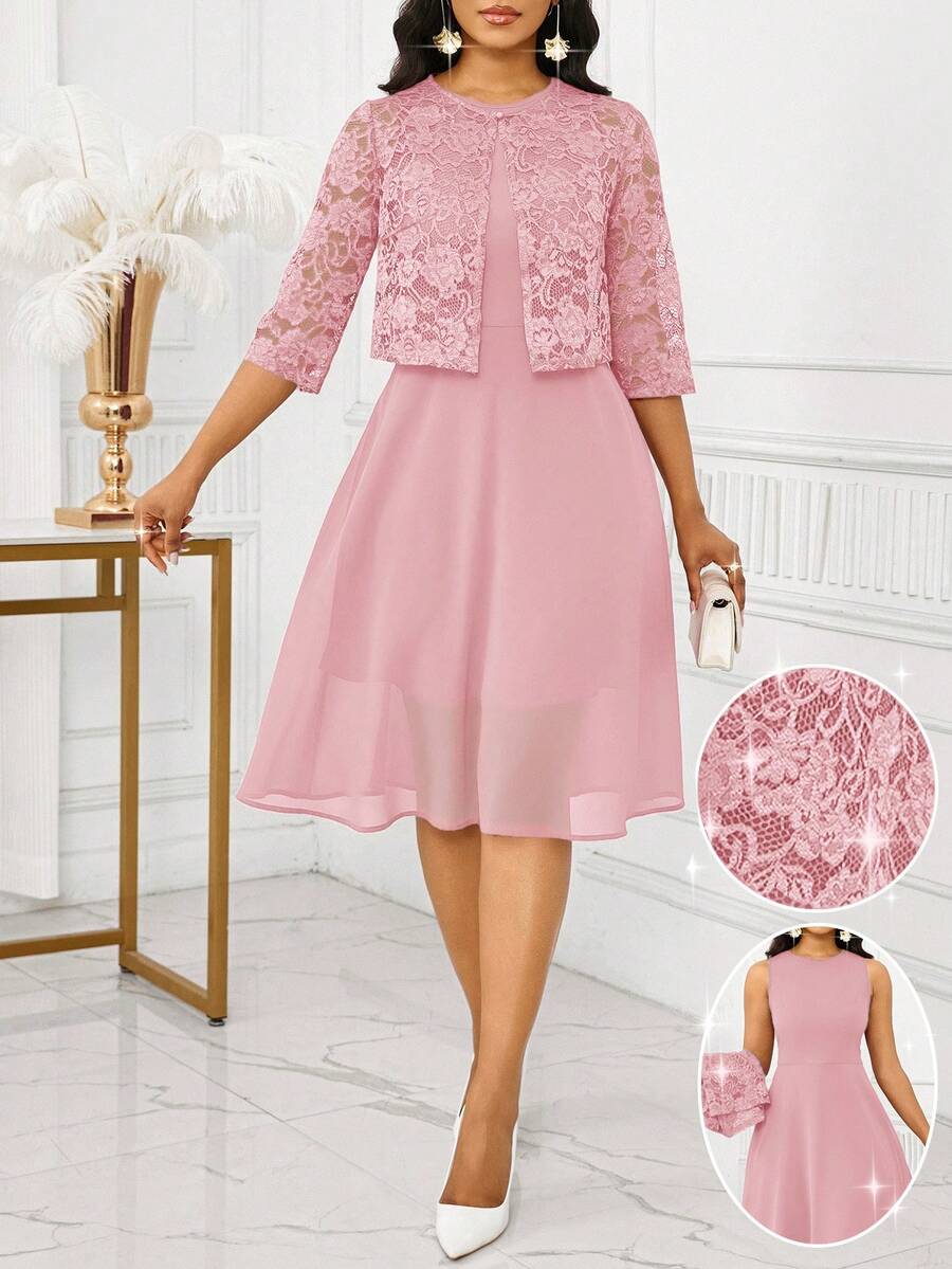 SHEIN Lady Bộ 2 món áo không tay ren trơn màu thanh lịch dành cho nữ, váy dự tiệc và sinh nhật mùa hè/váy công sở/váy đi nhà thờ/váy cưới/váy ngày lễ/ - Hồng - Xem 1