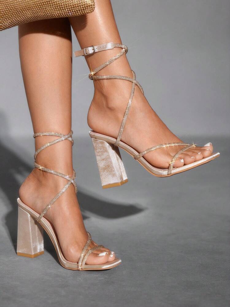 CUCCOO SZL Women's Fashion Apricot Color Satin Crystal Strappy High Heels Sandals For Christmas Spring Shoes Prom Heels