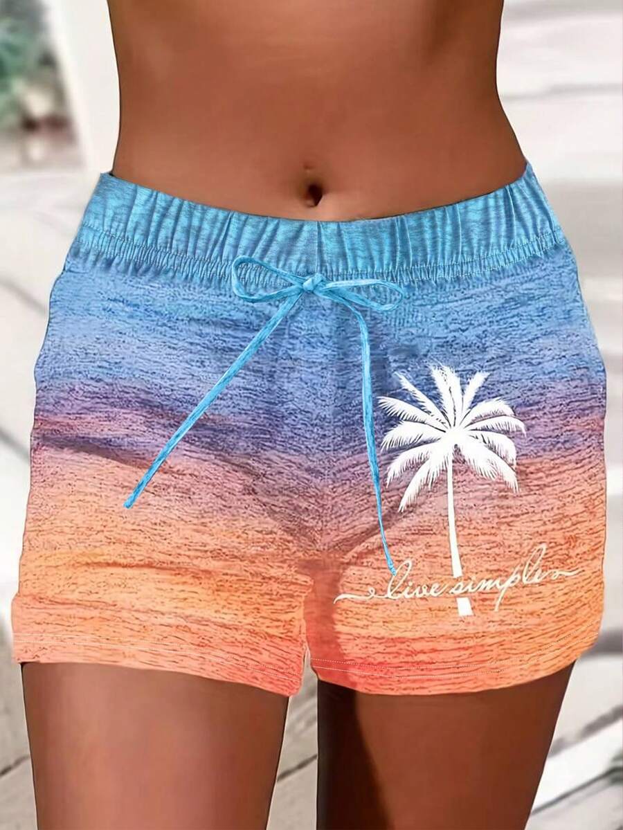EMERY ROSE Women Vacation Style Palm Tree Printed Loose Drawstring Shorts - Multicolor - View 1