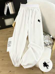 Resyla 女士爱心印花抽绳腰带口袋阔腿休闲运动裤 - 白色 - 查看 1