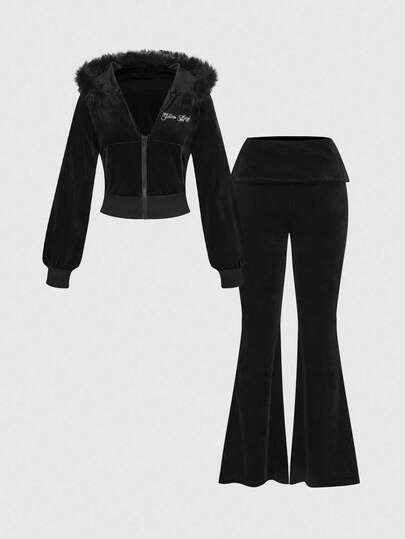 Grunge Punk Ensemble 2 pièces comprenant un sweat-shirt à capuche court en velours avec strass graphique et un pantalon évasé taille basse pour femmes