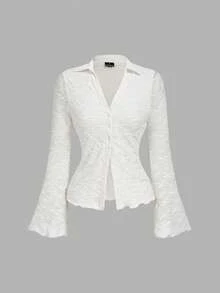 SHEIN MOD 卡其色荷叶边喇叭袖纽扣门襟长袖T恤女式衬衫，返校季，复古风，灵感源自经典风格，适合办公室穿着、通勤装、70年代复古风、Y2K风格、约会之夜、派对、皇家风、节日及生日穿着，冬季女装，圣诞节女装，新年女装，感恩节女装 - 杏色 - 查看 6