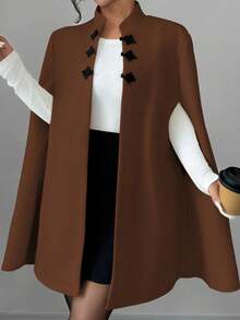 SHEIN Clasi 优雅立领撞色中式纽扣斗篷斗篷女款，厚羊毛面料，秋冬 - 咖啡棕 - 查看 7
