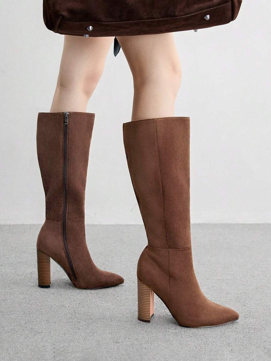 CUCCOO BIZCHIC Women's Fashion Brown Suede Chunky Heel Pointed Toe Over-The-Knee Boots, Classic Versatile For Commute, Date, Party, Holiday - Coffee Brown - View 1