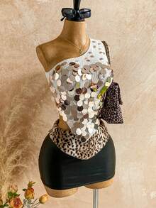 Soleia 全新秋冬返校、度假、海滩婚礼宾客、毕业典礼、早午餐、圣帕特里克节、春假、复活节、音乐节、优雅波西米亚热带派对、亮片不对称露背优雅女式针织上衣 - 杏色 - 查看 3