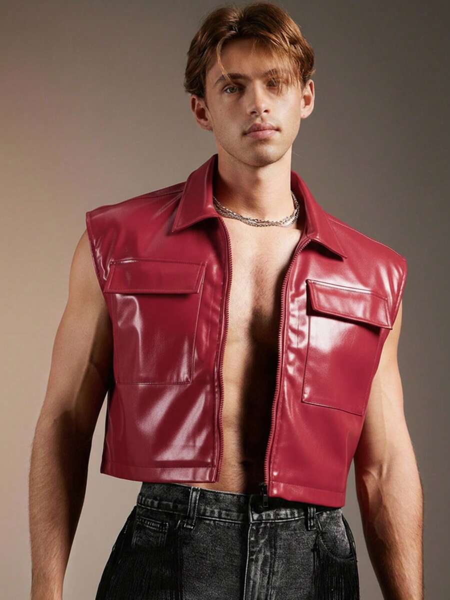 FeverCity 男士时尚朋克 PU 皮革拉链领无袖背心 - 紅色 - 查看 1