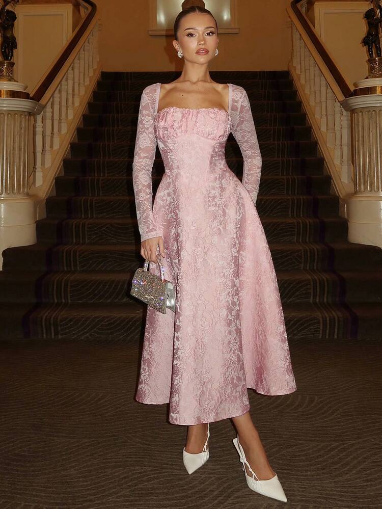 Glamine Charm Elegant Palace Lace Patchwork Long Sleeve Square Neck Sexy Low-Cut Jacquard Midi Dress, Suitable For Evening Gala, Date, Ball, Graduation Party, Autumn Ladies Dress, Graceful Party Dress Brocade Jacquard Dress Corset Dress Pink Brocade Dress Elegant Pink Dress Pink Corset Dress - Pink - View 1