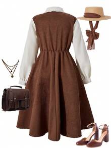 Girls' Colorful Patchwork Collared Elegant Jumpsuit Dress, Suitable For Christmas, Birthday Party, And Other Occasions - Brown - View 2