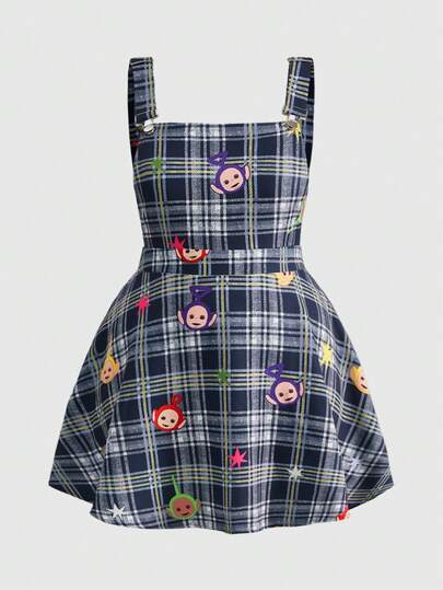 Teletubbies X ROMWE Plus Size Y2K Cute Cartoon Plaid Strap Dress
