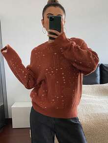 DAZY Color Block Loose Fit Crew Neck Elegant Formal Knit Sweater For Women, Autumn/Winter - Orange - View 3
