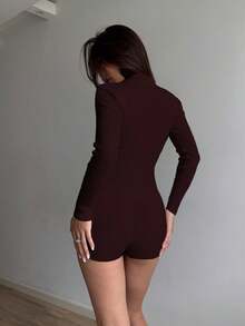 Flirla Tuta a maniche lunghe in maglia tinta unita minimalista da donna, adatta per uso quotidiano