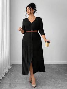 SHEIN Elenzya 1 chiếc váy len dài tay cổ chữ V viền loe thanh lịch cỡ lớn cho nữ - màu đen - Xem 1