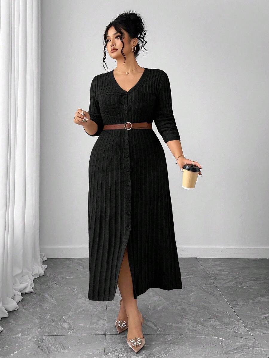 SHEIN Elenzya 1 chiếc váy len dài tay cổ chữ V viền loe thanh lịch cỡ lớn cho nữ - màu đen - Xem 1