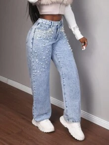 Slaydiva Women's Party Fashionable Commuter Rhinestone & Faux Pearl Decor Straight-Leg Jeans - Blue - View 4