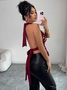 Rafferiza 女士优雅性感亮片刺绣深V领金属扣露背吊带上衣，夏季酒红色上衣，深红色上衣，富家女款 - 酒紅色 - 查看 2