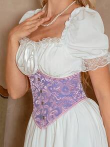 Myrelith Cinturón de cintura ceñida con estampado jacquard floral de estilo palaciego retro, adecuado para vestidos - Púrpura malva - Ver 1