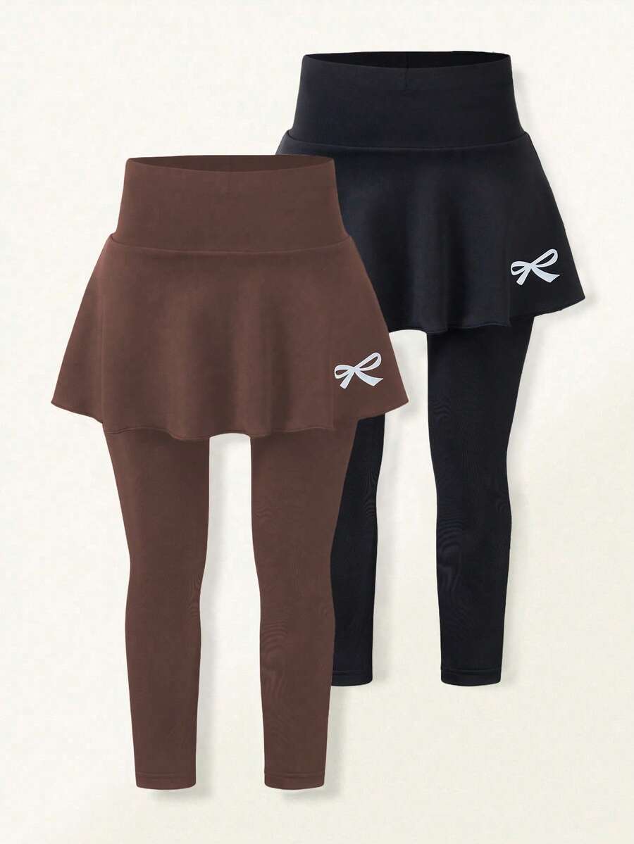 2 件套女童休闲优雅公主蝴蝶结和蝴蝶图案印花裙和紧身裤套装，适合春夏季、假日、夏季、旅行 - 棕色 - 查看 1