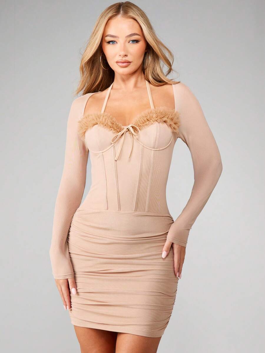 MISSGUIDED Đầm ngắn tay dài bằng vải lưới với chi tiết bèo nhún ở phần ngực, thích hợp cho tiệc tối. - Màu be - Xem 1