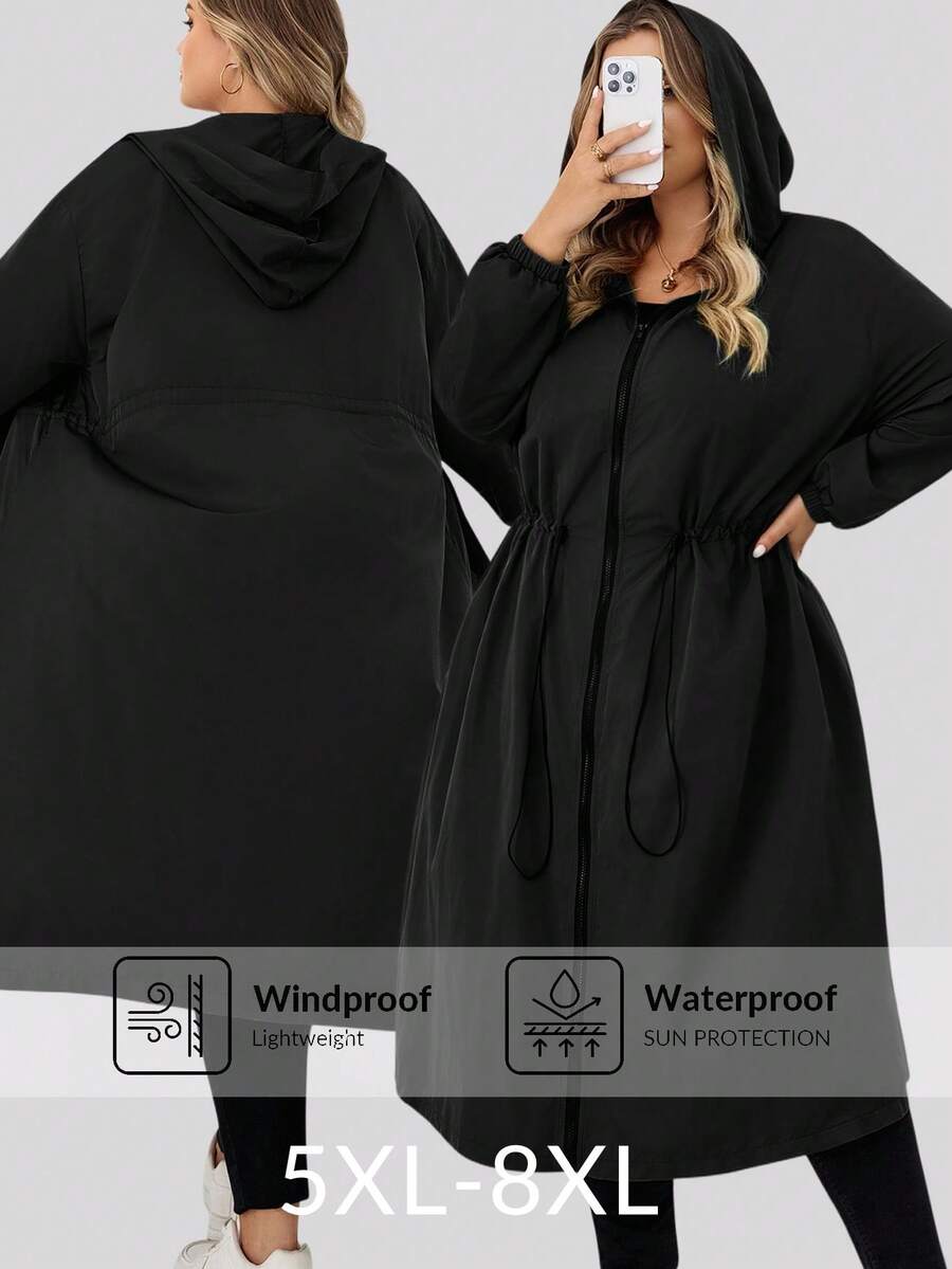 SHEIN CURVE+ Women's Solid Drawstring Hooded Waterproof Long Sleeve Trench Coat Plus Size Hooded Jacket Plus Size Raincoat Curve Fall Jacket 8xl Women Clothes Plus Size Olive Green Jacketfall Clothes For Women,Winter,CURVE PLUS