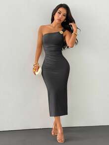 SHEIN PETITE Gold Color Brooch Decor Asymmetric Neck Ruched Fishtail Skirt - Grey - View 6