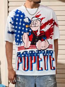 Popeye X SHEIN Men's Casual Letter & Cartoon Graphic Round Neck Short Sleeve T-Shirt, Summer - White - View 4