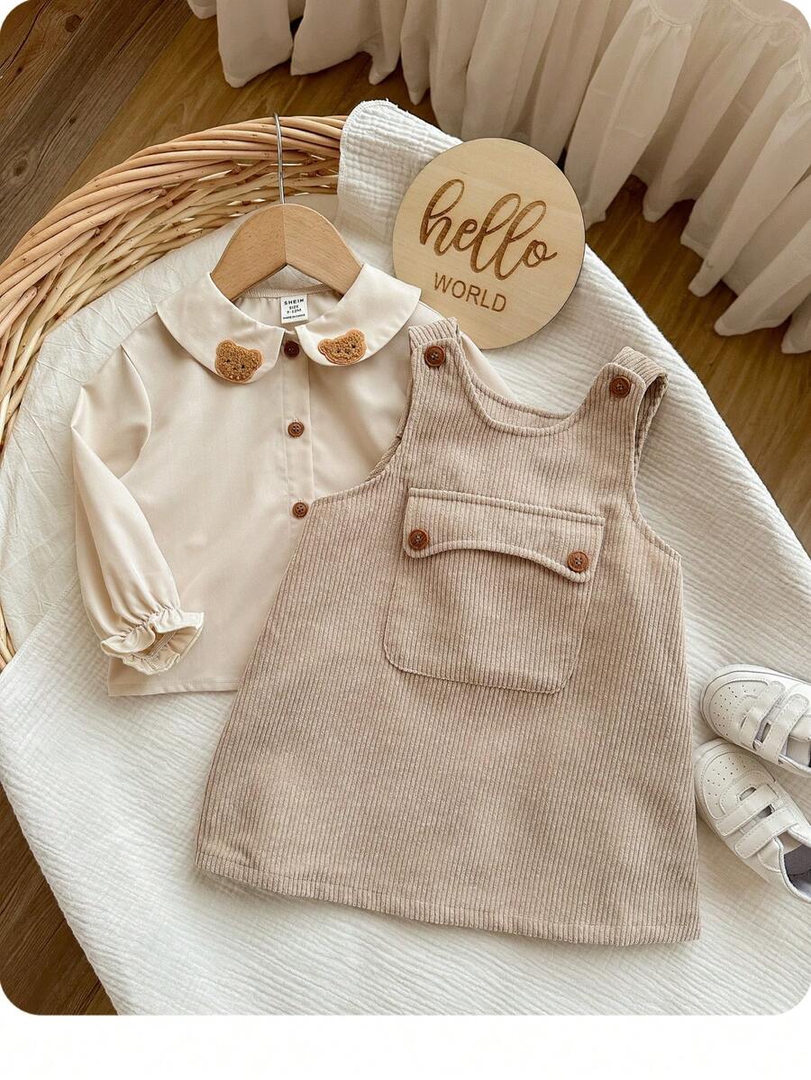 2 件套可爱女婴休闲运动学院风拼接装饰婴儿领衬衫防脱灯芯绒材质吊带连衣裙适合生日派对、晚会、表演、婚礼、洗礼、适合日常使用、适合旅行、适合秋冬季 - 卡其色 - 查看 1