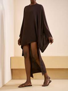 Zivah 2025 秋冬新品 音乐节、复活节、圣帕特里克节、西部风、游牧风、生日派对、毕业典礼、学院风、学生风、百搭、基础百搭、休闲、度假、邮轮旅行、海滩、时尚、网络流行趋势、街头潮流、婚礼宾客波西米亚风、通勤、早午餐、机场、派对、节日郊游、优雅宴会 棕色不对称下摆喇叭袖斗篷连衣裙 - 棕色 - 查看 4