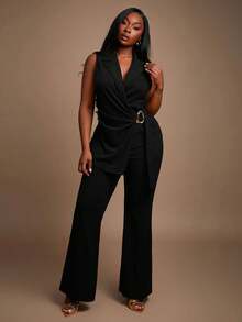 Radiana Plus Size Women's Fall & Winter Elegant Gorgeous Sexy Basic Plunging Neckline Sleeveless Metal Buckle Belted Blazer And Flare Legs Pants Suit Set,Suitable For High Street Style,Urban,Sexy Office