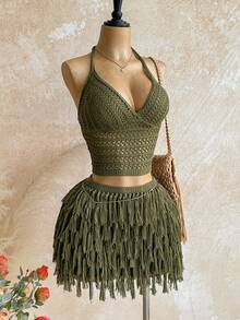 Soleia Women's V-Neck Halter Tie Backless Crop Top And Fringe Hem Mini Skirt 2 Pieces Set, Suitable For Party, Christmas, Date Night, Nightclub, Bohemian, Boho, Vacation, Fall - Army Green - View 5