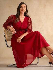 Flouryn Plus Size Women Elegant V-Neck Sequin Lace Patchwork Long Sleeve, Waist Cinched A-Line Long Black Chiffon Dress Suitable For Party, Gathering - Red - View 5