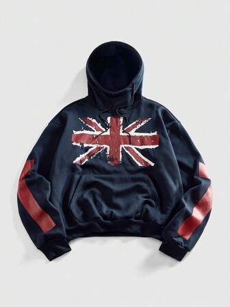 Grunge Punk Felpa con cappuccio da uomo con stampa Union Jack, manica lunga, spalle scivolate, tasche e coulisse, per l'autunno