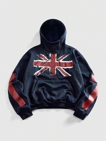 Grunge Punk Men's Autumn Union Jack Print Drop Shoulder Long Sleeve Pocket Drawstring Hoodie Sweatshirt