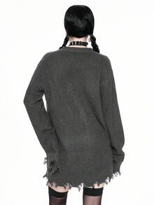ROMWE Goth 女式哥特式休闲 V 领做旧下摆针织开衫宽松夹克上衣，秋冬 - 深灰色 - 查看 5