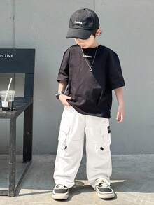 SHEIN Young Boy 1pc Casual Hip Cool Hip Hop Style Loose Windbreaker Material Large Patch Pockets College Style Wide Leg Pants Homecoming; Autumn/Winter