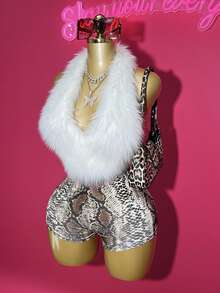 Slaydiva New Summer Casual Street Daily Date Birthday Party Y2K Hot Girl Style Halter V-Neck Short Plush Brown Top + Brown Snake Pattern Knitted Ultra Shorts Mini Shorts WomeTwo Piecesce Set-B - White - View 3